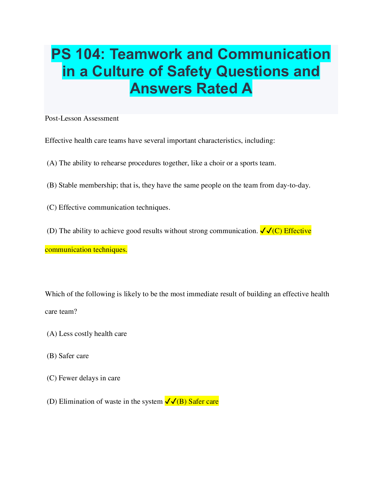 Preview image for PS 104: Teamwork and Communication in a Culture of Safety Questions and Answers Rated A